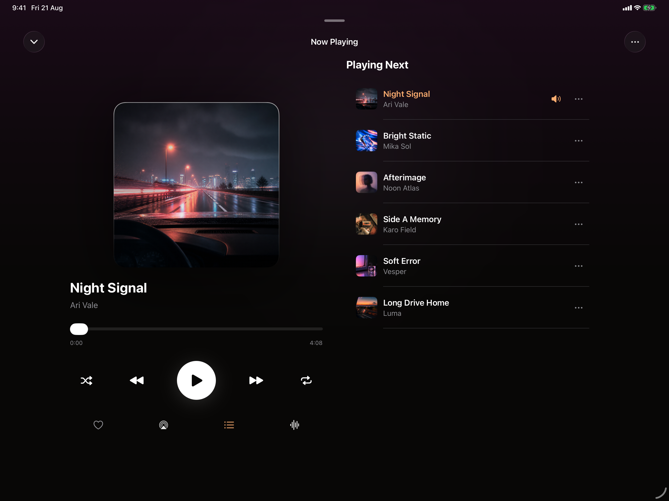 OVO Now Playing on iPad in landscape: large artwork and transport controls on the left, the Playing Next queue on the right.