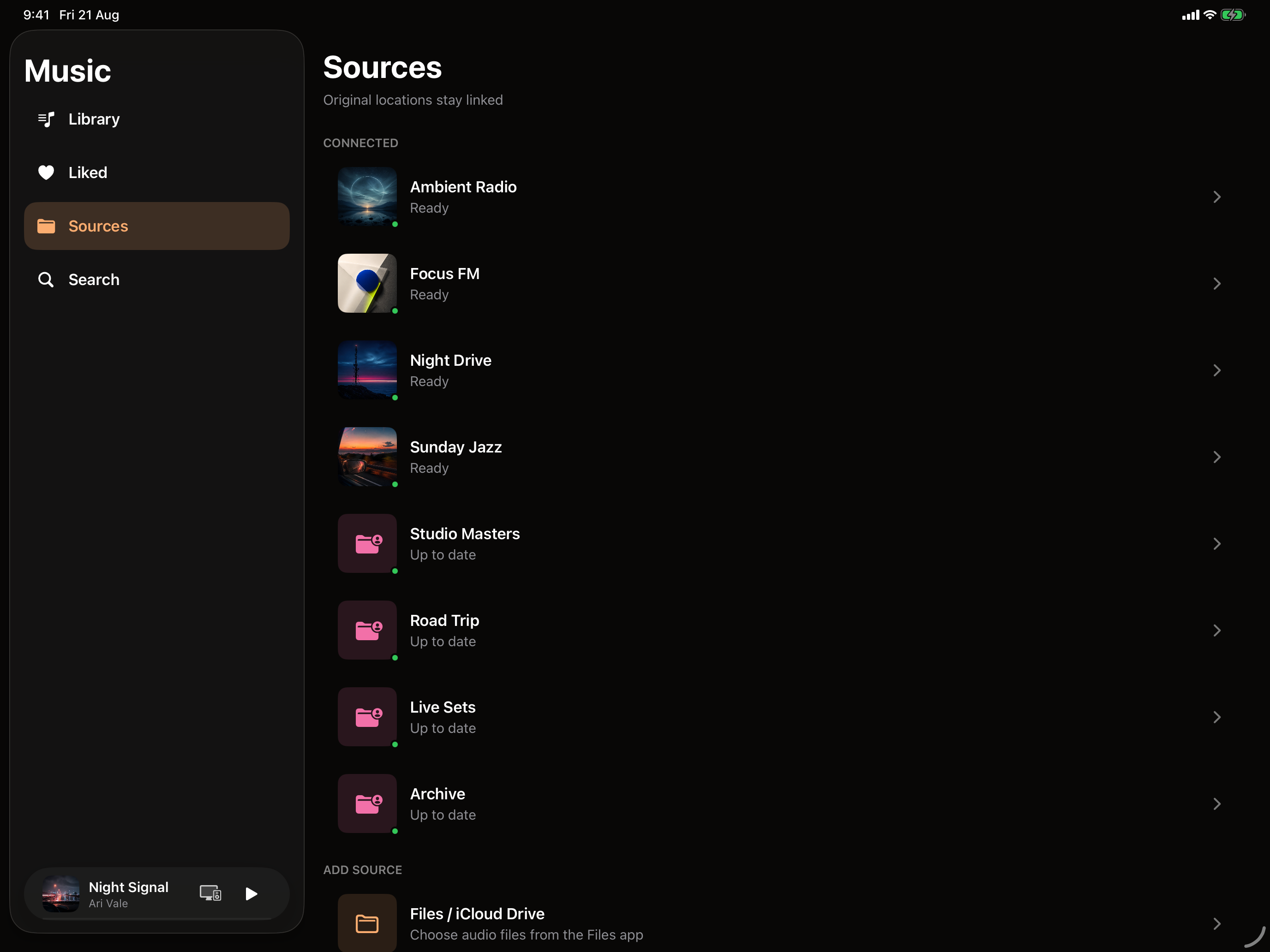 The Sources screen in OVO on iPad, listing connected streams and synced folders together above the Add Source options.
