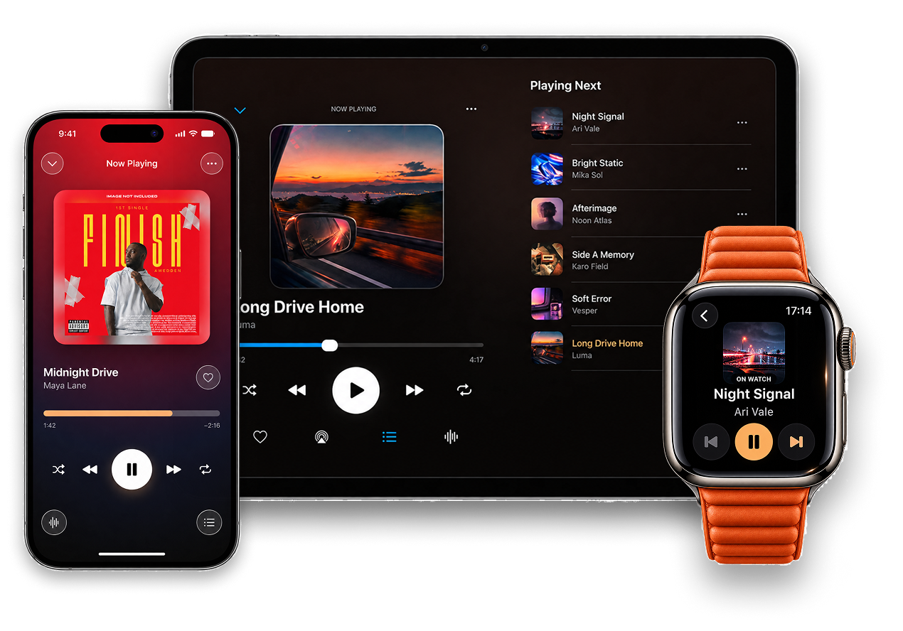 OVO on iPhone, iPad and Apple Watch, showing Now Playing, music sources and Watch controls.