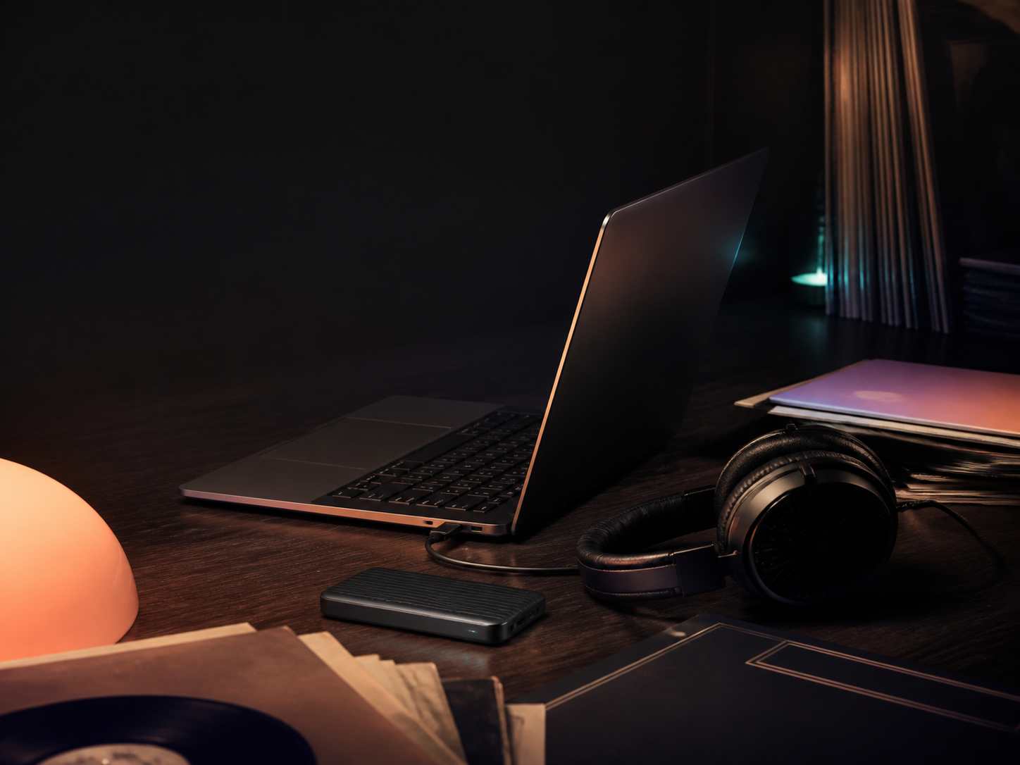 A laptop, portable drive, headphones and record sleeves on a dark desk, representing a music collection kept as files.