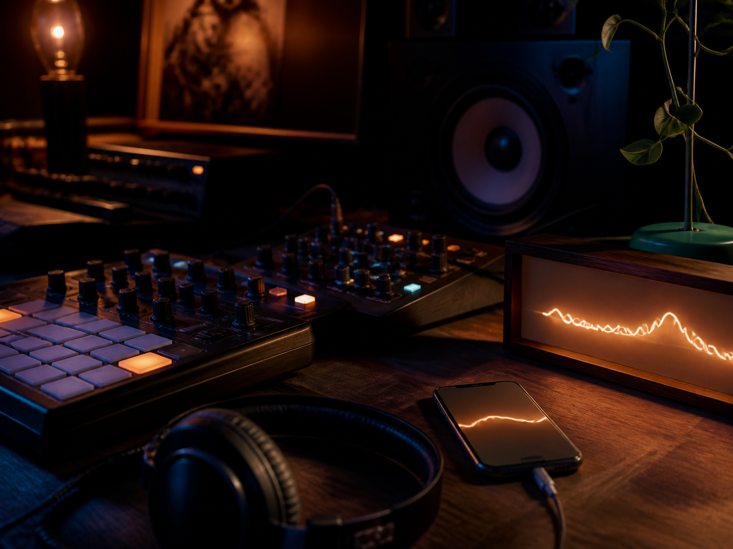 A home studio desk with a controller, mixer, monitor speaker and a glowing waveform light.
