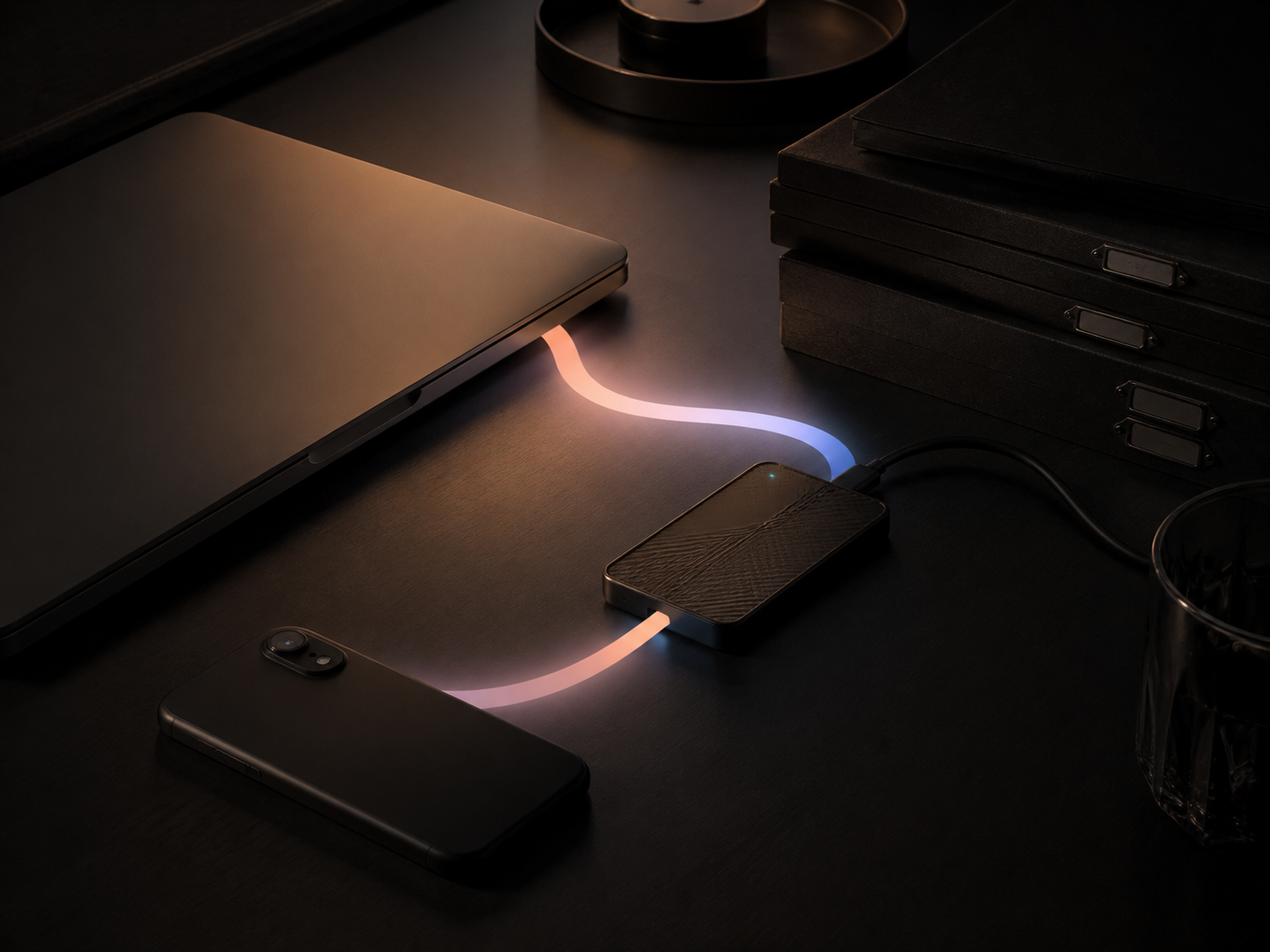 A laptop, external drive and phone on a dark desk joined by glowing light trails, suggesting files moving between them.