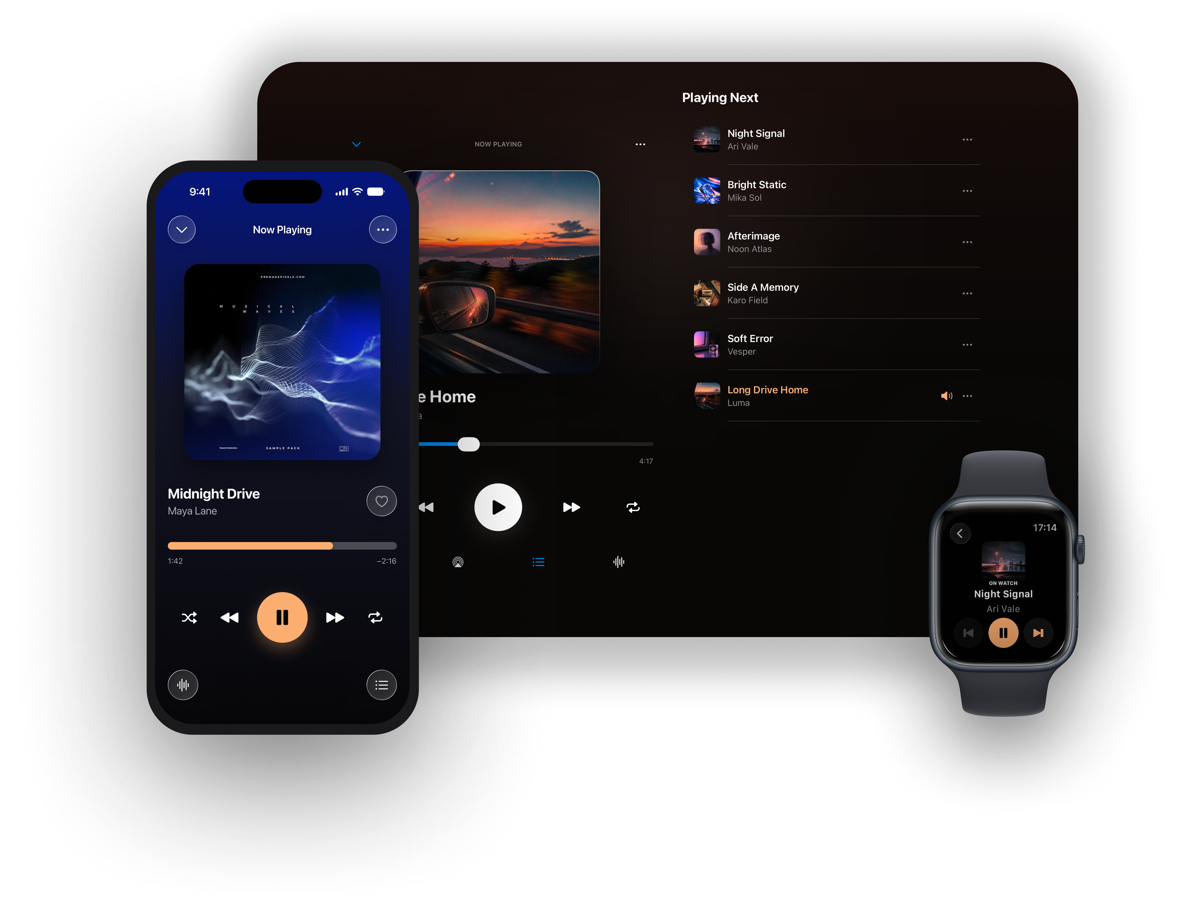 OVO on iPhone, iPad and Apple Watch, showing Now Playing, music sources and Watch controls.